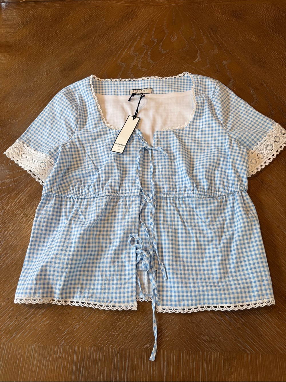 Bagatelle Light Blue Gingham Tie-Front Blouse with Lace Trim